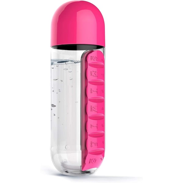 IC Vattenflaska med pillerhållare, bärbart pillerfodral-rosaröd
