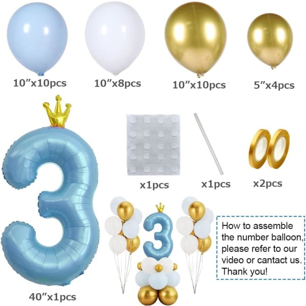 IC Blå kruunu numero 3 balllong, 40'' stort nummer folieballlong ja latexballonger, 3:e födelsedag (sininen 3)