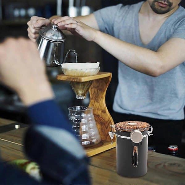 Kaffedåse lufttæt 1,8L, 304 rustfrit stål kaffebønneopbevaringsbeholder med envejsventil og datatracker, sort