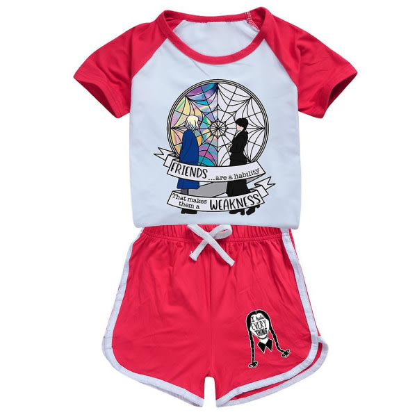 IC 9-14 år Barn/tonåringar Flickor Onsdag Perhe Addams Printed sportkläder Set T-paita+shortsit Presenter V Red 13-14 V.