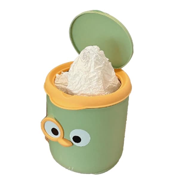 Mini Trash Can with Lid Cute Cartoon Design Plastic Desktop Waste Bin for Table Bedside Office Green