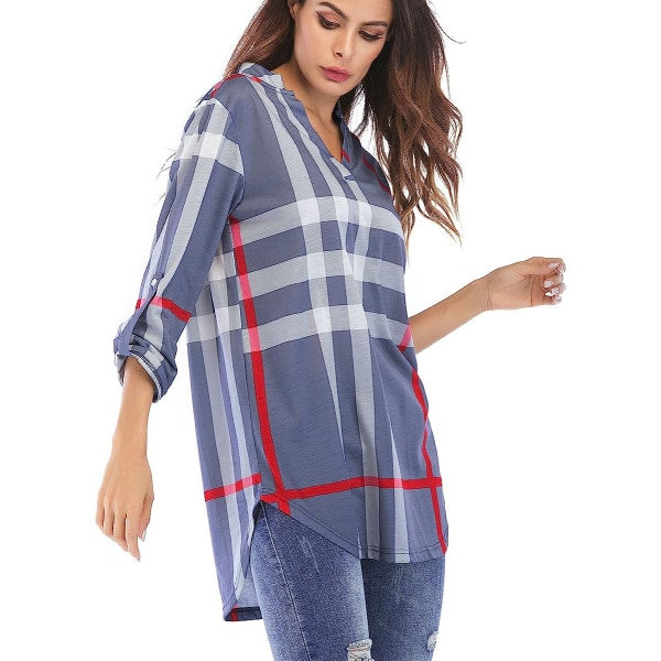 IC Kvinner Roll-Up 3/4 Erme Rutete Skjorte Tunika V-Hals Casual