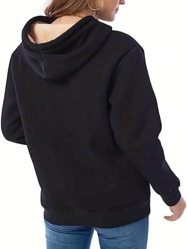 Solid Kænguru Lomme Hoodie, Casual Langærmet Hoodie Til Efterår & Vinter, Damebeklædning Sort black S