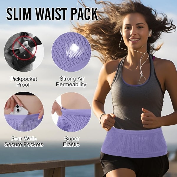 Slank Løpebelte med 4 Sikre Store Lommer, Fuktavvisende Trenings Fanny Pack, Midjeveske for Løpere, Fitness, Trening Lilla XL Purple XL