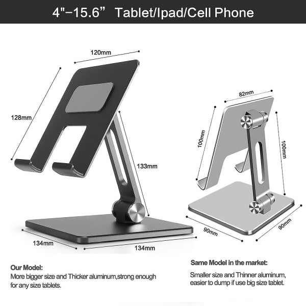 IC Fällbart tablettställ i aluminium, dobbelt høyde- og vinkelställbart stativ for 4"-15,6" Ipad Tablet-mobiltelefon (sølv)