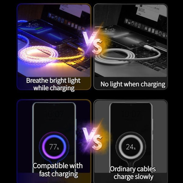 Glødende LED-ladekabel Rask lading Type C Micro USB