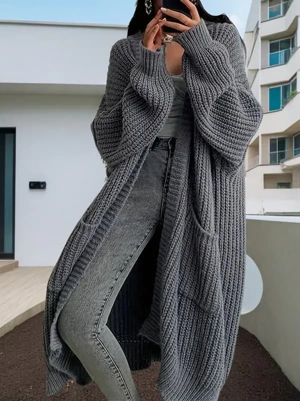Lång grovstickad kofta för dam, lös oversized knäppbar tröjjacka med fickor för höst och vinter, mörkgrå Dark gray S