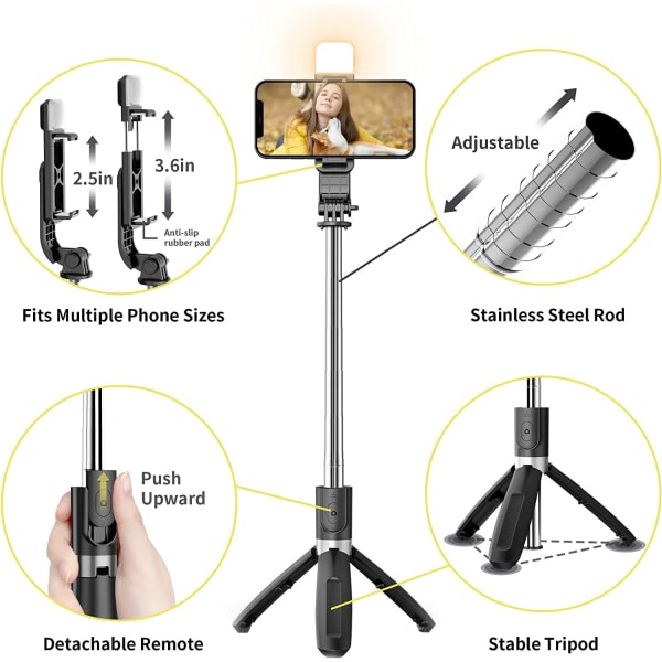 IC NOE Selfie Stick-stativ med lys, 4 i 1 360° rotasjon