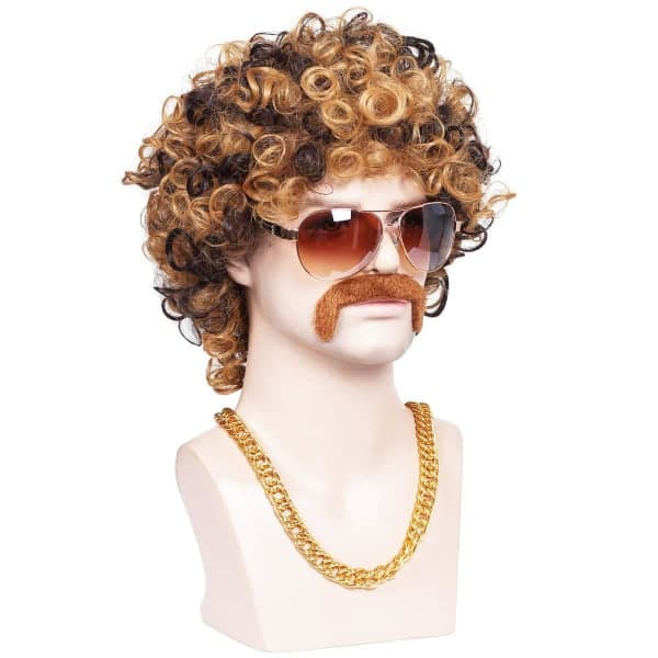 3-delt herreparyk 70'er 80'er discoparyk og moustache halskæde