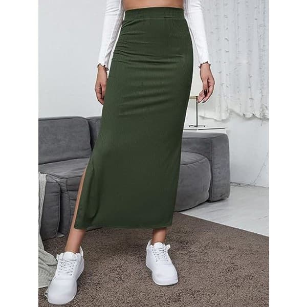 IC Dame Elastisk Midje Delad Lår Ribbstickad Lang Maxi Bodycon Blyantkjole