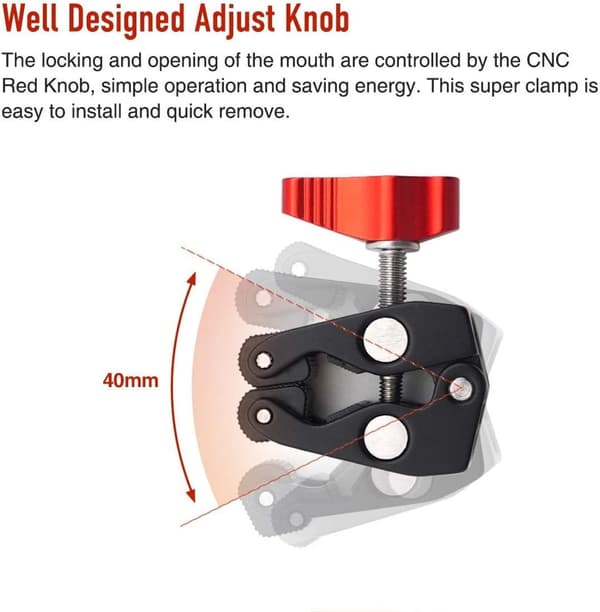 Superklämma med lås - röd, magic arm, 1/4\" adapter, 3/8\" gängat hål för stativ, kamera