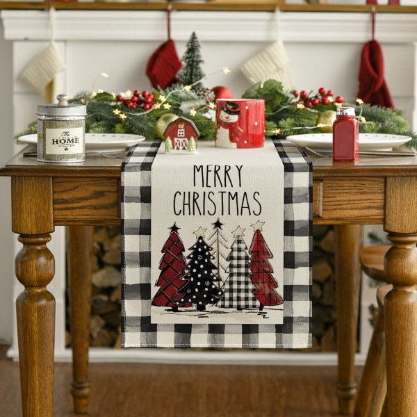 Buffalo pläd julgran god jul bordslöpare, säsongsbetonad vinter semester köksbord dekor
