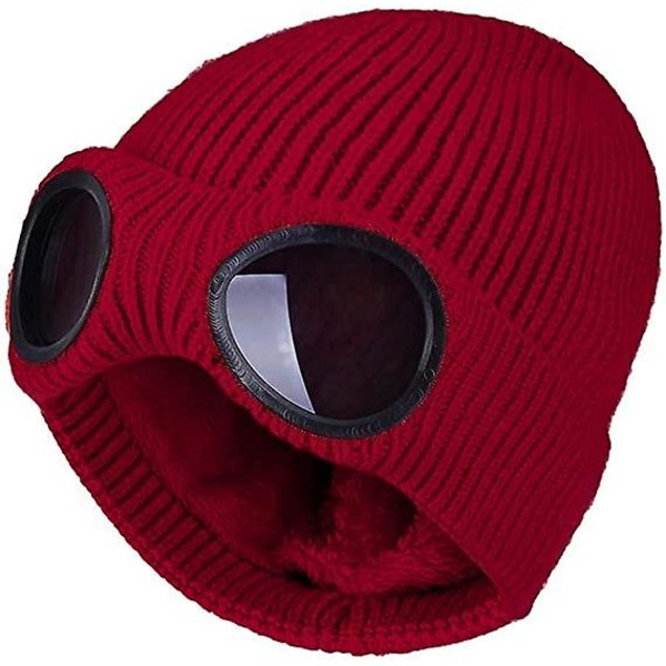 Unisex Goggle Strikket Lue Vindtett Varm Vinter Skull Cap Vinrød