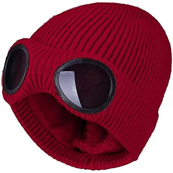 Unisex Stickad Mössa med Goggle Vindtät Varm Vinter Skull Cap Vinröd