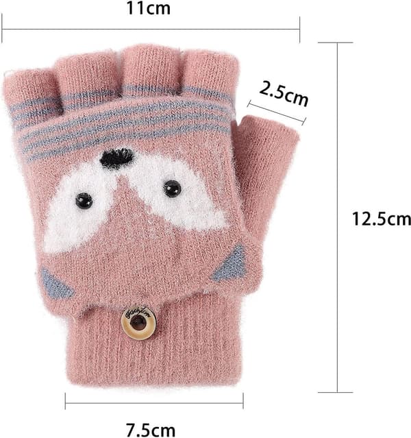 Handskar med knappar, fingerlösa barnhandskar, vinter, varma stickade handskar, plyschfoder, vinterhandskar med kaninlook, en storlek passar alla