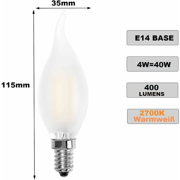 E14 LED Flamljuslampa, Ljusform, Varmvit 2700K, 4W Glödlampa motsvarande 40W, 400lm, 12-pack [Energiklass A+]