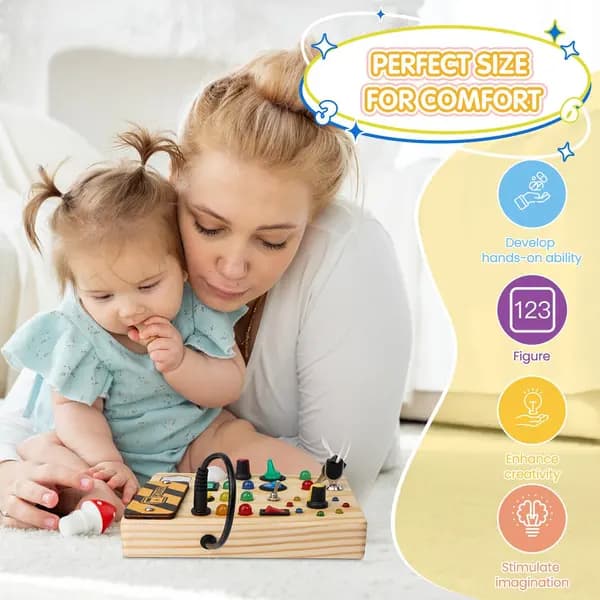 Montessori Aktivitetsbrett med 27 LED-lys og 10 knapper, Sensorisk Treleke for Småbarn 1-6 år, Gave til Gutter og Jenter