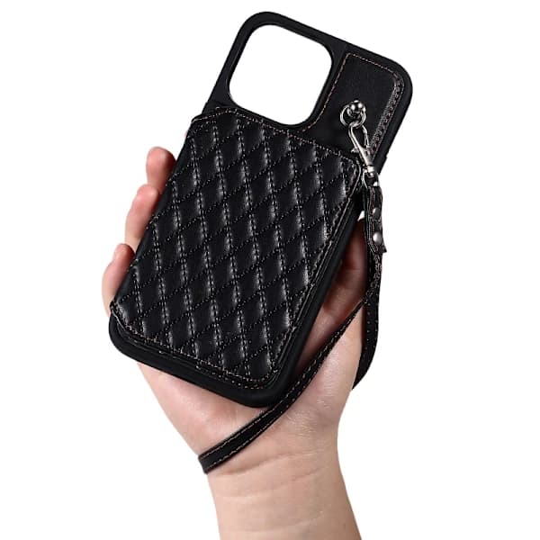 Mobilskal för iPhone 15 Pro Max RFID-blockerande PU-läderbelagt TPU-skal med handledsrem