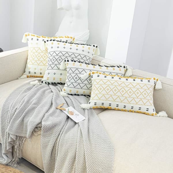 IC Boho Geometrisk Kuddfodral med fransar Tuftade vävda Dekorativa Kuddfodral för Soffan Sovrum Vardagsrum (Svart, 12\"x20\")