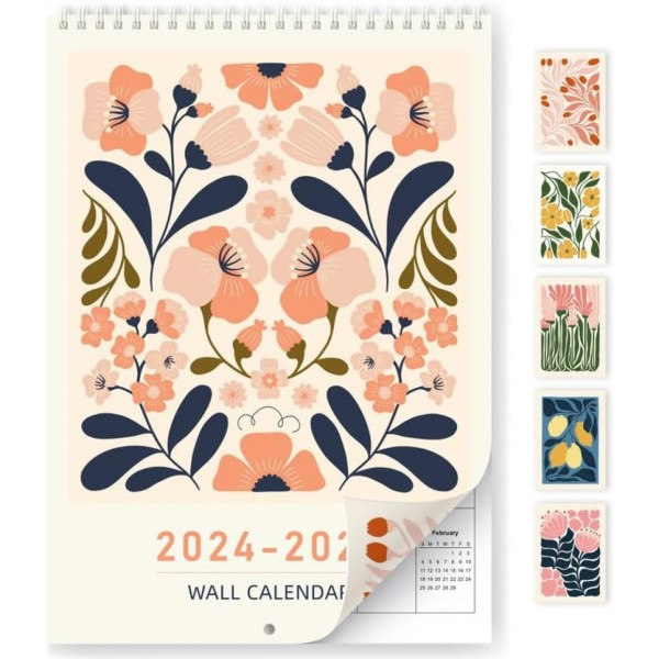 2024-2025 Abstrakt konstväggkalender – A4-storlek (8,3\" x 11,7\"), 18 månader med Bright Flower Design, januari 2024 till juni 2025