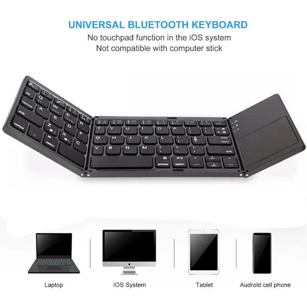 Tri-Fold Bluetooth Keyboard, Bluetooth Portable Mini Keyboard with Touchpad Mouse - Black