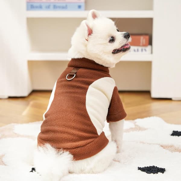 Fleece hundefrakke, blød varm fleece med D-ring på ryggen, let pull-over design til små hunde, vinterture, brun, XXL