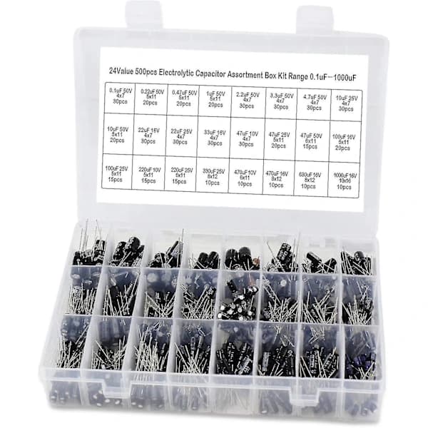 Assortment Box with 24 Values 500pcs Electrolytic Capacitors, Range 0.1uf 1000uf