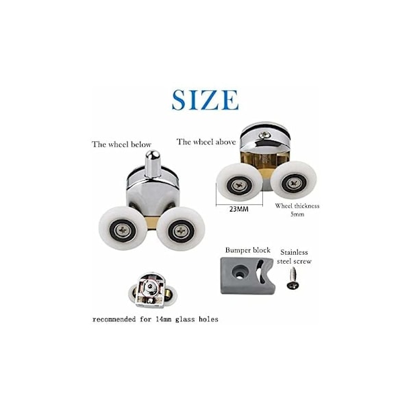 23mm Dusjdørruller, 4 Erstatningsruller for Skyvedusjdør 2 Øvre & 2 Nedre Kromruller for 14mm Glasshull