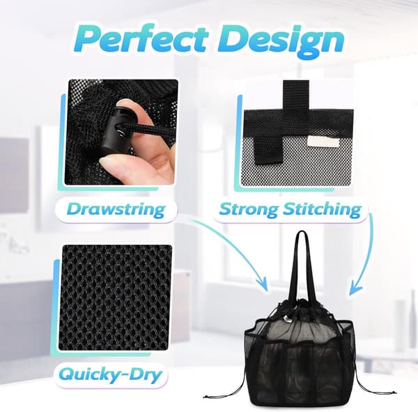 Brusepose, 8-lommers polyester mesh, snørelukning, hurtigtørrende organizer til fitness, camping, rejser og svømning, sort