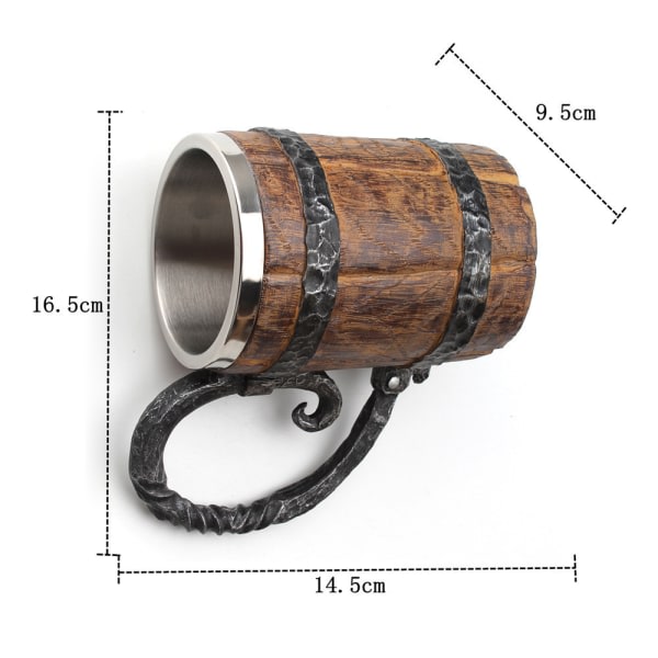 Handgjord ölmugg i trä, fatformad drikke, med håndtag, dobbelt lager af rostfritt stål