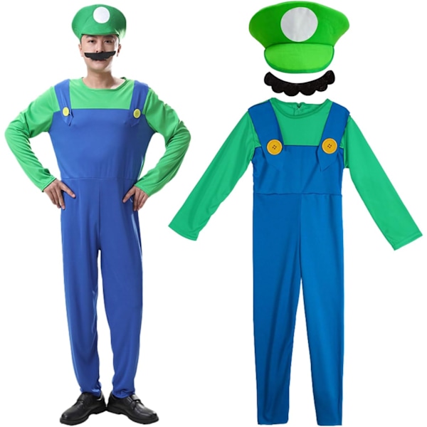 Luigi-dräktset, Luigi-dräkt, Bros, Maskeraddräkt, Kvinnor, Män, Outfit för jul, karneval, maskerad Adult-man-green XL