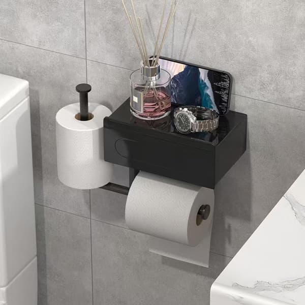 Trywise Toiletpapirholder med Opbevaringsskuffe - Vægmonteret med Hylde og Rum til Vådservietter - Til Badeværelset - Sort