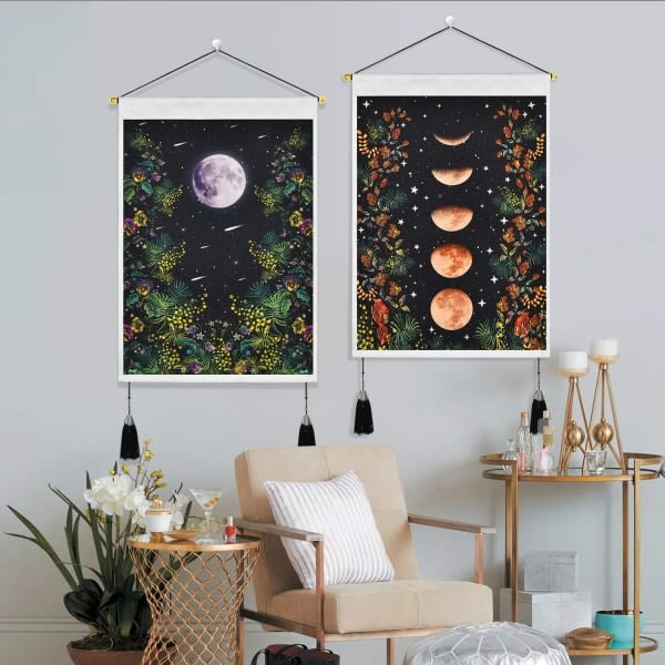 IC 2st Gobeläng Tofsar, Moon Wall Art Bomull Linne Blommig Gobeläng