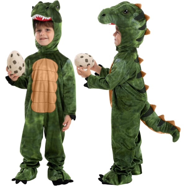 Unisex T-Rex Kostume til Børn i Brun - Realistisk grön Small (5-7 yrs)