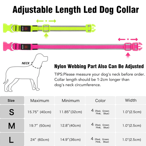 IC Oppladbart lysende hundehalsbåndslampe, justerbar blød M