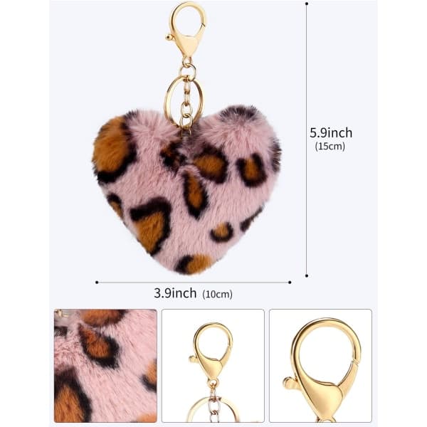 Fluffy nøkkelring Myk plysj hjerteformet sjarm, leopardrosa IC