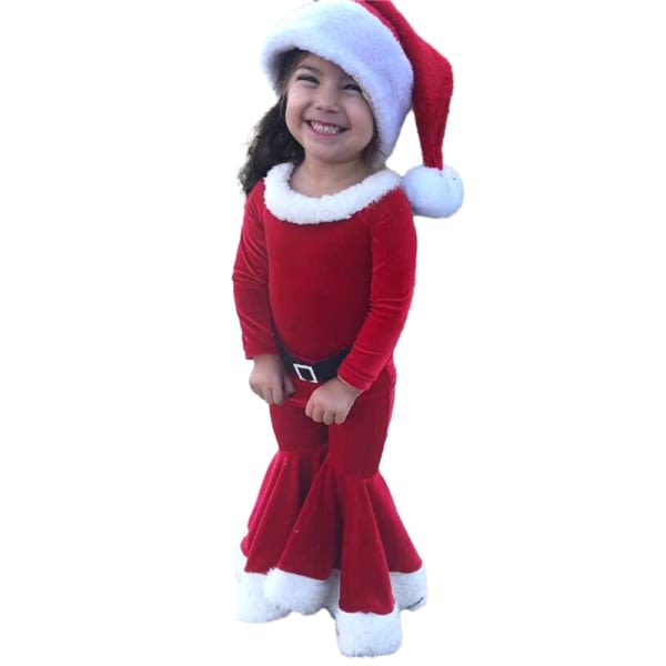 Toddler Flickor Jultomten Kostym Set 3-Delar Sammet Cosplay Outfits Grön 90