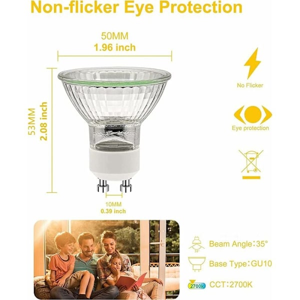 GU10 50W Pærer, GU10 Halogenpærer, AC 220V 50W Spotpære, GU10 Halogen 2 Ben Halogenpærer 35° Spredningsvinkel 2700K, Pakke med 6