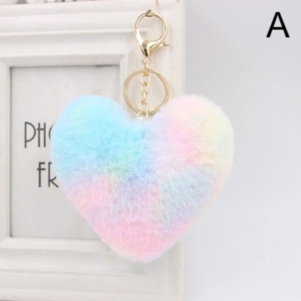Fluffy hjerteformet nøglering Nøglering Ring Nøglering Dame Taske Bil Charm E E