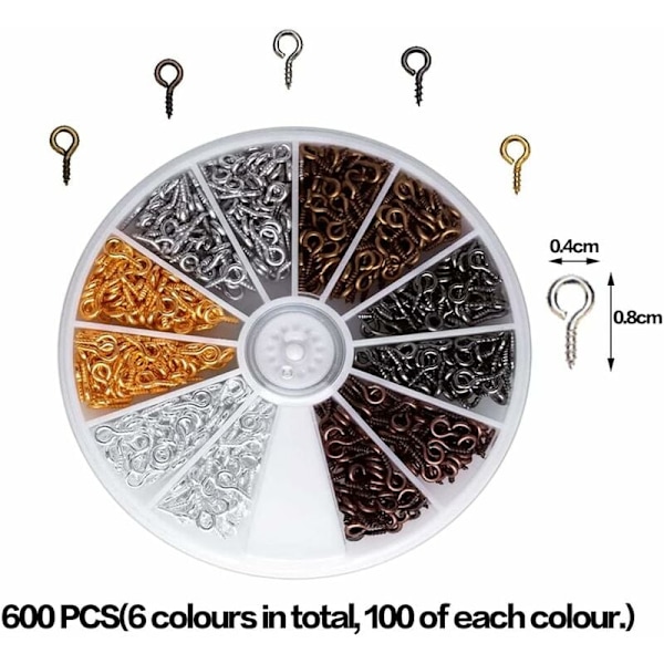 600 Stycken Mini Ögonskruvar Öglor Skruvkrokar för Smyckestillverkning DIY Hantverk Pärlor, 6 Färger, 8mm4mm