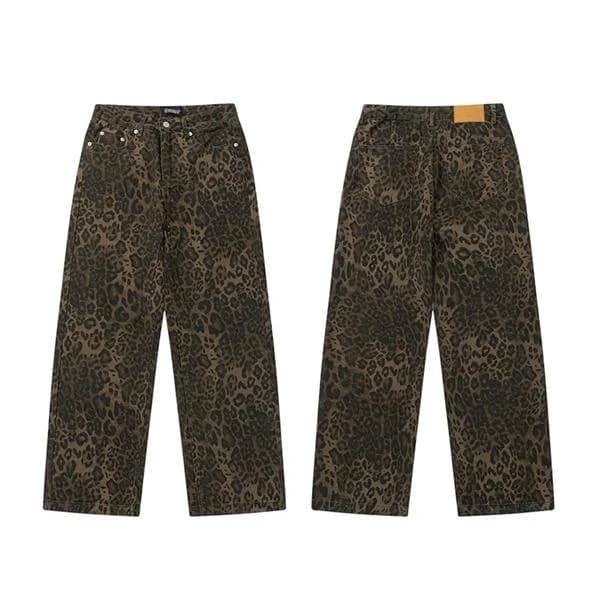 Brown Leopard Jeans - Women's Wide Leg Denim Pants - Leopard Pattern Leopard Print Leopard Print M leopard print M