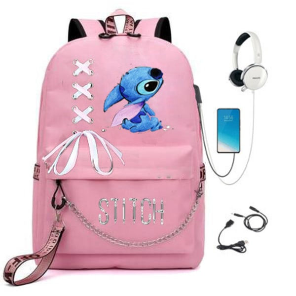 IC Lilo ja Stitch USB Ladattava Tyttö Nauha Ketju Koululaukku Oppilaiden Reppu Vaaleanpunainen