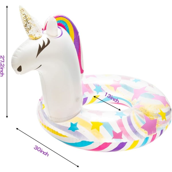 IC Oppblåsbar Unicorn Pool Float Pool Leksaker Unicorn Simring med paljetter Vattenfest Oppblåsbar Strand Fritidsflotte Barn og voksne Hvit