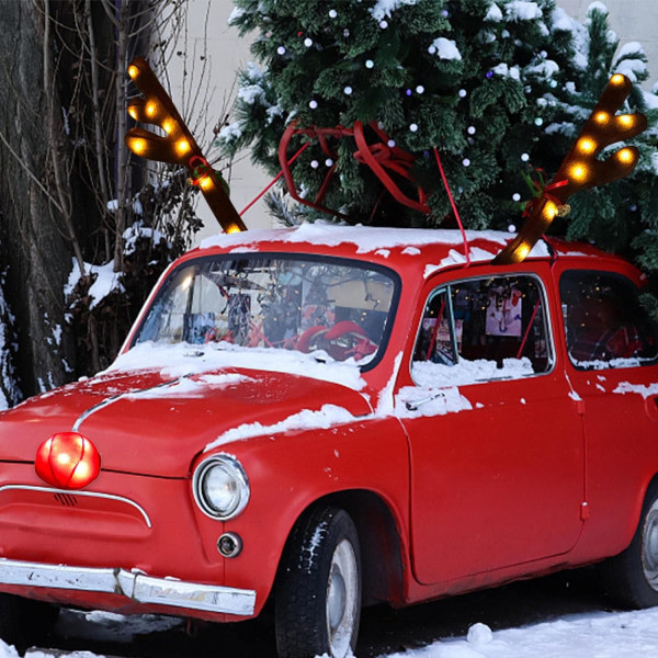 Biljulrenhornsdekorationer, Glow Vehicle Julbildekorationskit med jingelklockor och röd näsa, söt renmyra