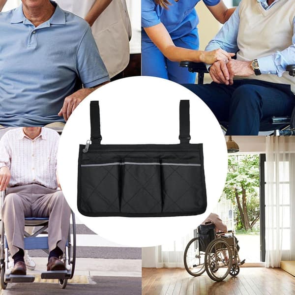 Rullstolssidoförvaringsväska med blixtlåsficka och reflexband för rullstolar, elrullstolar, barnvagnar, svart
