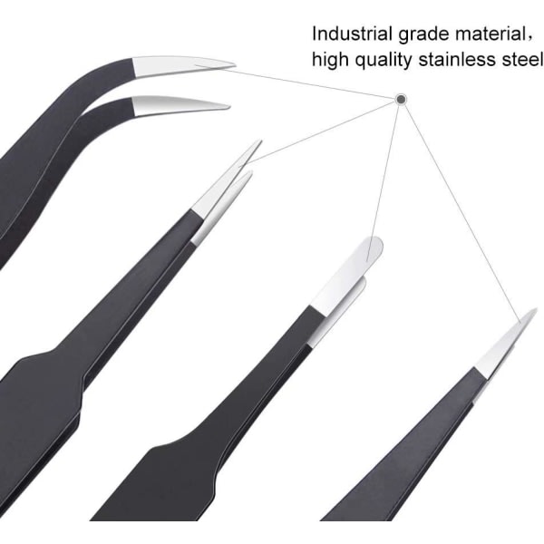 IC 6 st sæt, opgraderet antistatisk rostfritt stål krökt af pincett, for elektronik, laboratoriearbejde, smyckestillverkning, hantverk