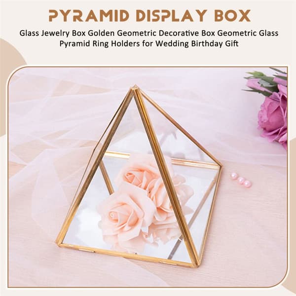 Gylden Geometrisk Dekorativ Glas Ringboks Pyramide Ringholder til Bryllupsdagsgave S