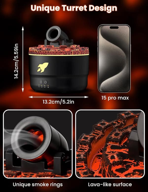 Volcano Cannon Aromadiffusor med 7-färgs LED-ljus, ultraljudstyst luftfuktare med 2 dimlägen och timer för sovrum och kontor, 200 ml vit