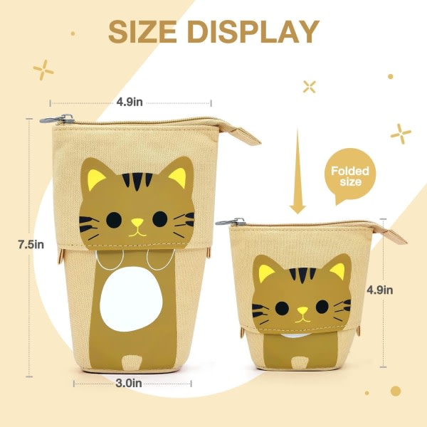 IC Cat Cute stående koffert for barn, pop up pennask sminkpåse, tegnet julklapp for barn organizer(brun katt)
