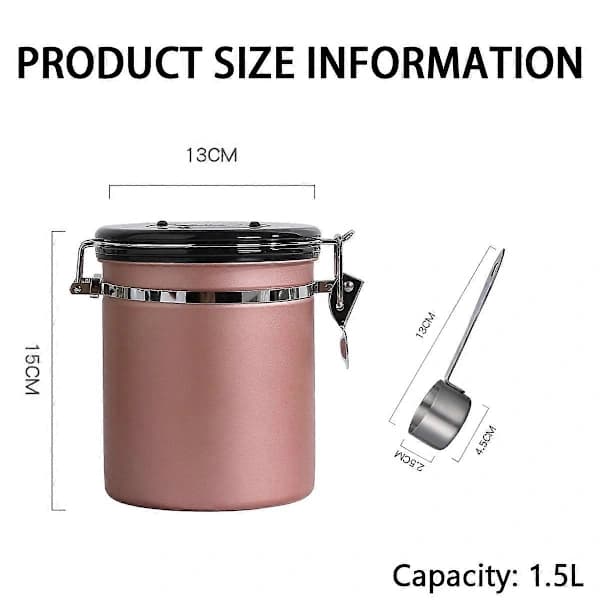 Lufttät kaffeburk i rostfritt stål med datumspårare, vakuumförseglad förvaring för kaffebönor och malet kaffe 1500 ml Rosa style7286